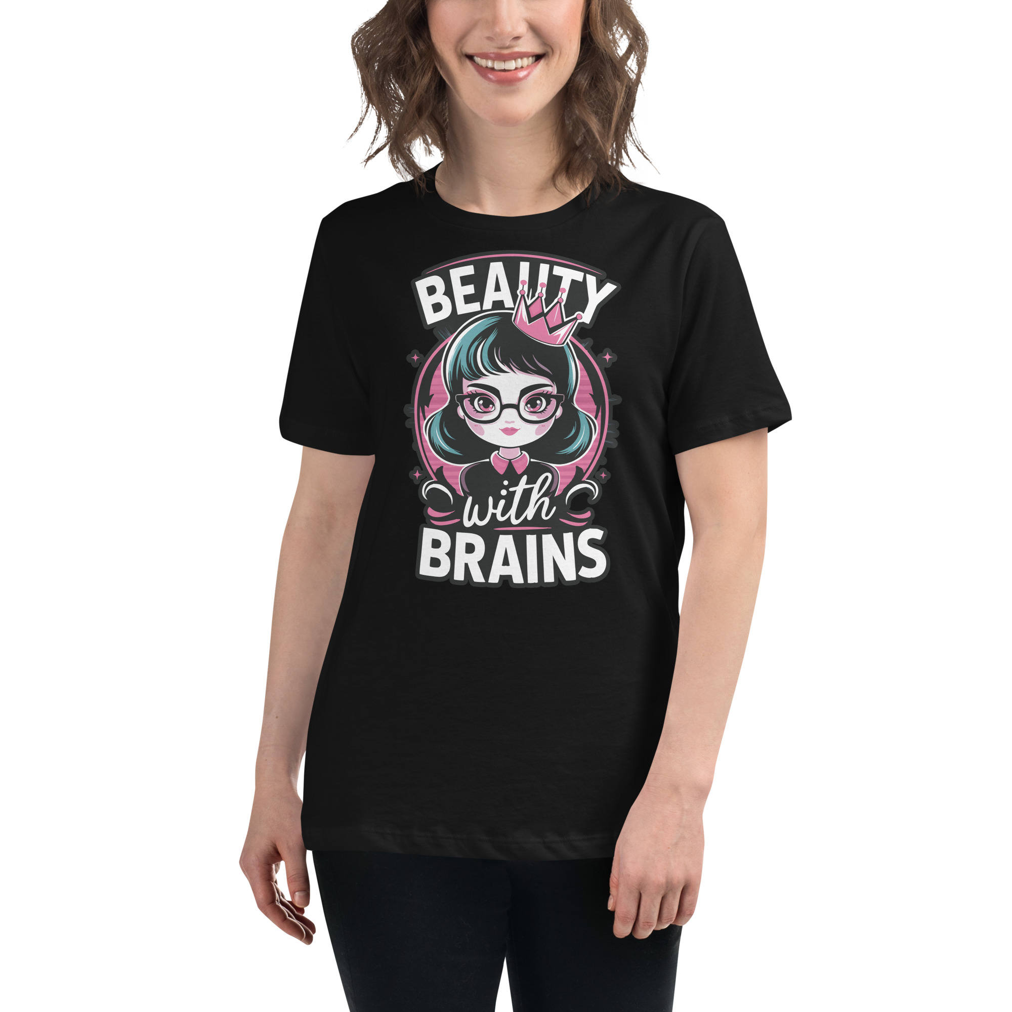 womens-relaxed-t-shirt-black-front-68346f2e4335a.jpg Beauty Brains Women's Relaxed T-Shirt
