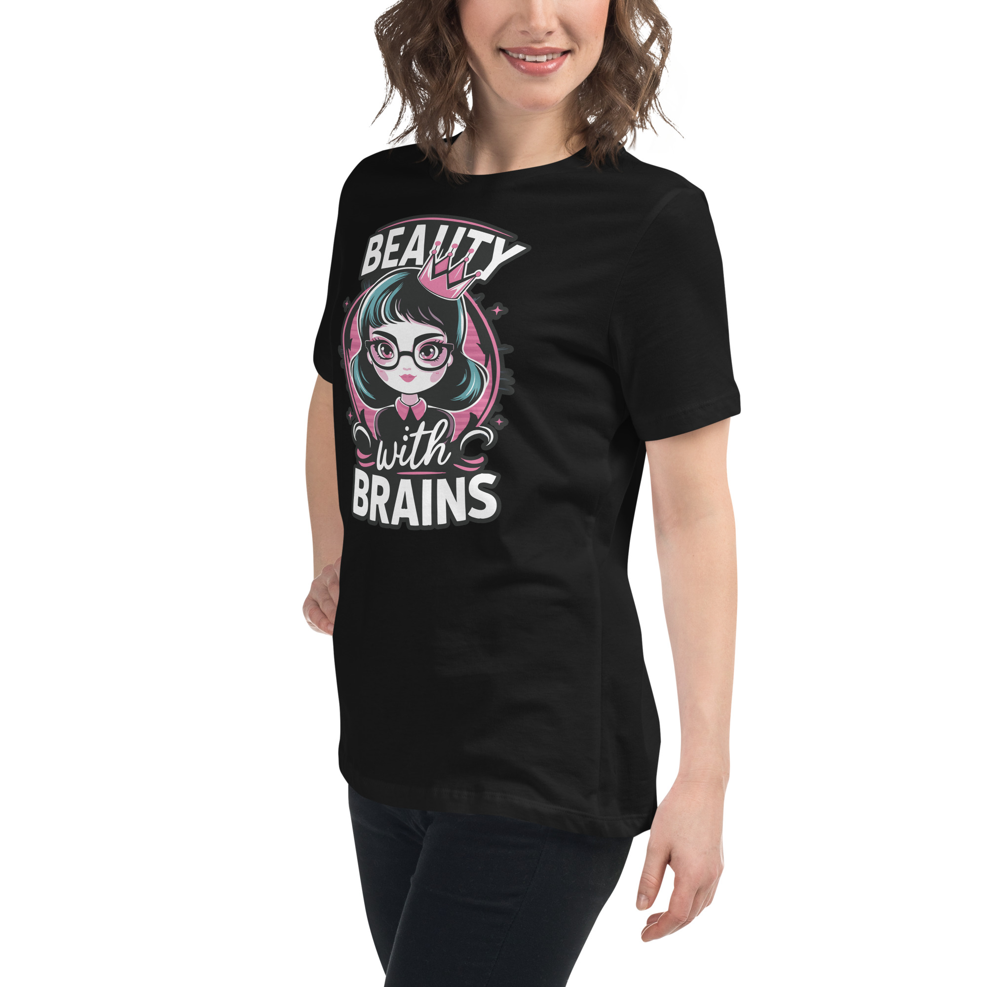 womens-relaxed-t-shirt-black-left-front-68346f2e44ae6.jpg Beauty Brains Women's Relaxed T-Shirt