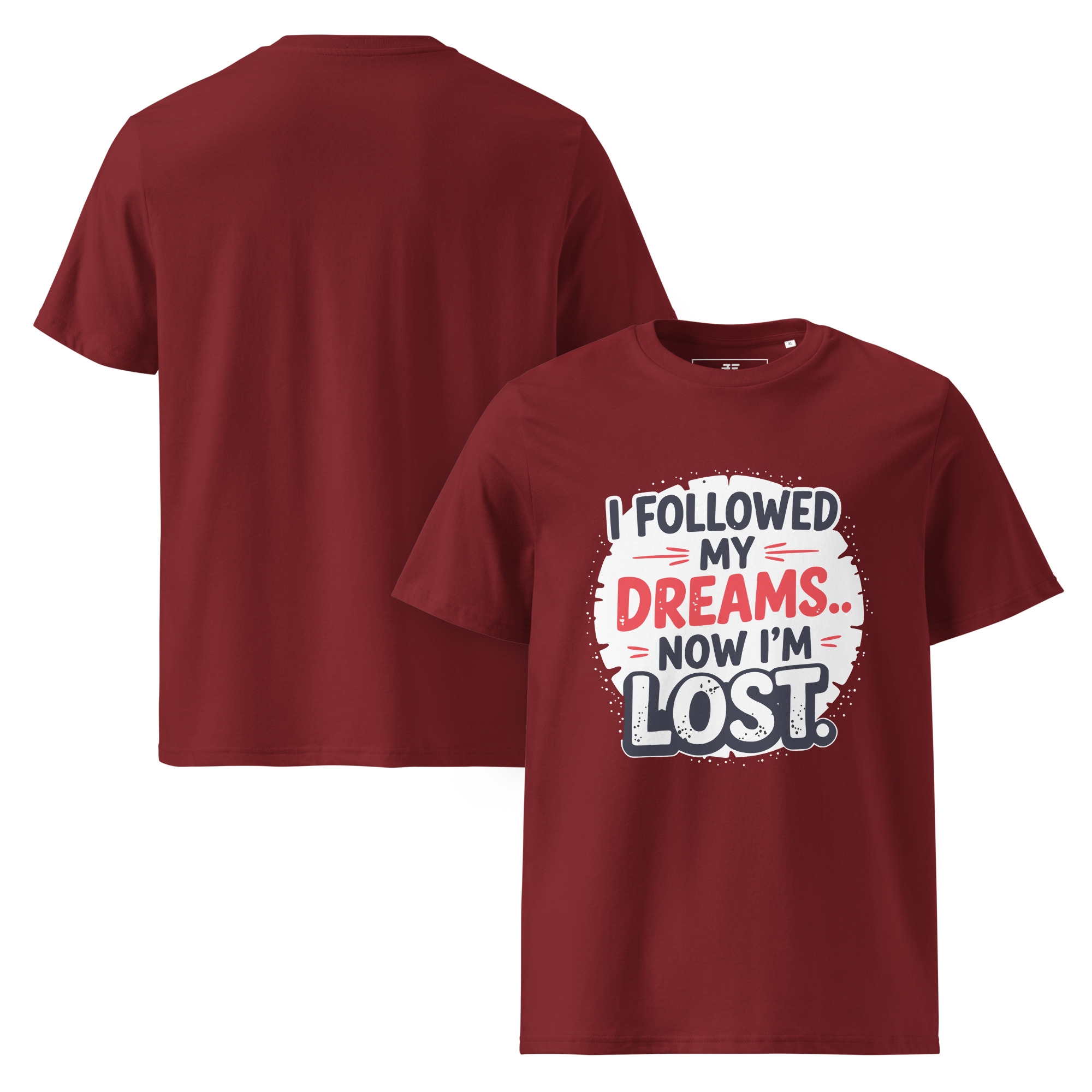 unisex-organic-cotton-t-shirt-burgundy-front-and-back-687370f88e248.jpg Lost Dreams Unisex organic cotton t-shirt