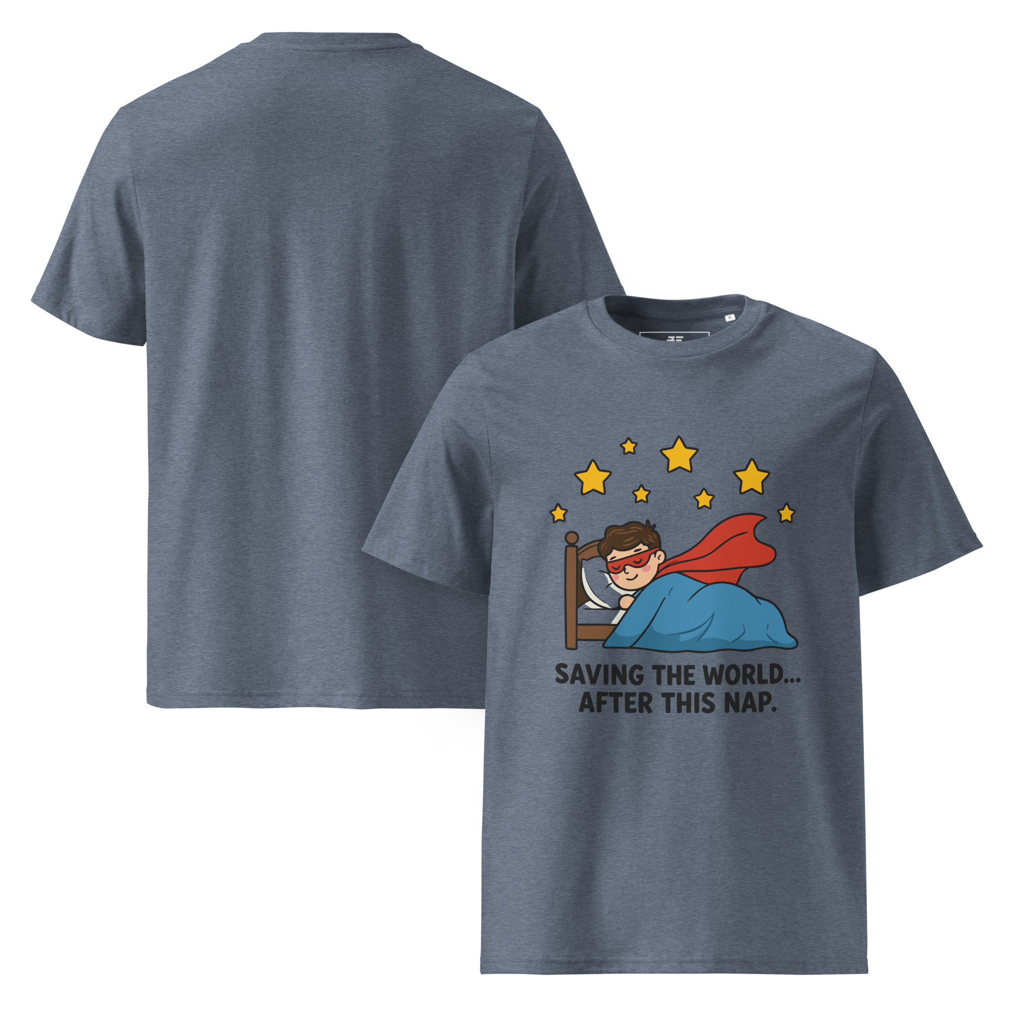 unisex-organic-cotton-t-shirt-dark-heather-blue-front-and-back-687378a81e4cb.jpg Superhero Unisex organic cotton t-shirt